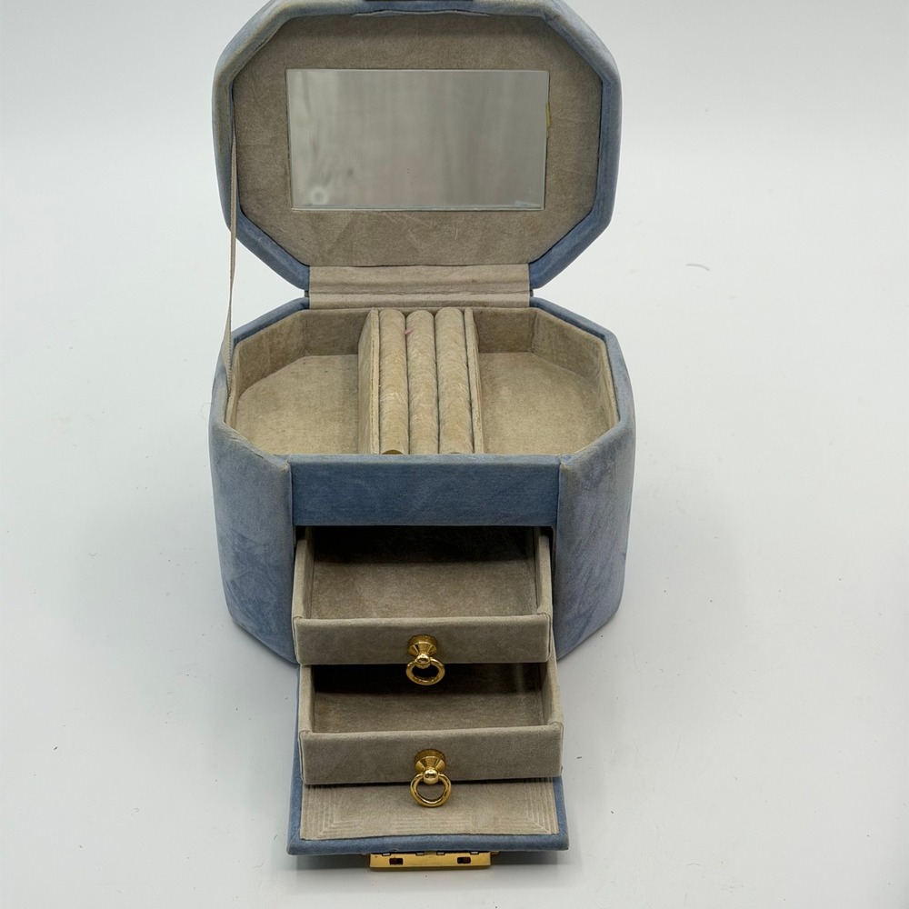 VTG 90s Wolf Designs Jewelry Box Pastel Blue Velvet Octagon Lock Key Tassel